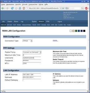 Abbildung 2: Open WRT benötigt zur Verbindung ins Internet DSL-Modem. Den Kontakt zu diesem richten Sie in den <code srcset=