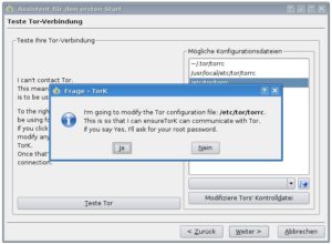 Abbildung 2: Um die Konfigurationsdatei zu schreiben, benötigt TorK Root-Rechte.