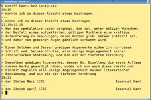 Abbildung 2: Unterschiede zwischen verschiedenen Versionen der komprimierten Text finden Sie schnell und problemlos über Zdiff oder Bzdiff heraus.