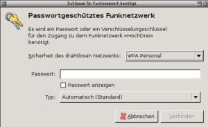 Abbildung 2: Bei der ersten Kontaktaufnahme mit einem bis dahin unbekannten WLAN fragt Networkmanager das Passwort ab.
