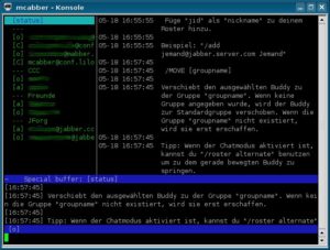 Abbildung 2: Mcabber benutzt den Status-Puffer, um Ihnen allgemeine Programm- oder Server-Informationen zu geben.