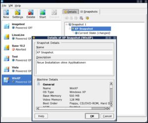 Abbildung 2: Die Snapshot-Funktion von VirtualBox ermöglicht es Ihnen, den Zustand eines Systems einzufrieren und zu einem beliebigen Zeitpunkt wiederherzustellen.