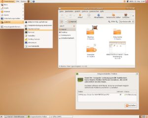 Abbildung 2: Der Standard-Desktop von Ubuntu gibt sich in einem warmen Braun mit einigen orangefarbenen Elementen.