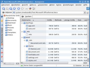 Abbildung 3: Fedora 8 erkennt das Office-2007-Dokument nicht und öffnet es in Konqueror mit dem Archivmanager.