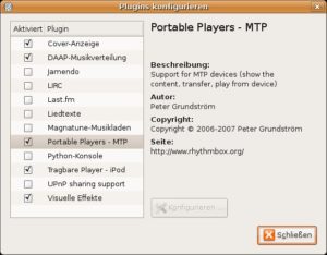 Abbildung 3: Rhyhmbox erkennt das MTP-Gerät erst, nachdem Sie das passende Plugin aktiviert haben.