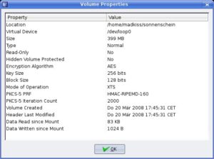 Abbildung 3: Der "Eigenschaften"-Dialog von TrueCrypt verrät Ihnen alle Details zu einem Volume.