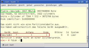 Abbildung 3: Der E100 produziert bei der Umstellung auf MTP-Support eine kaputte Partitionstabelle mit identischem Anfangs- und Endzylinder (rot markiert).