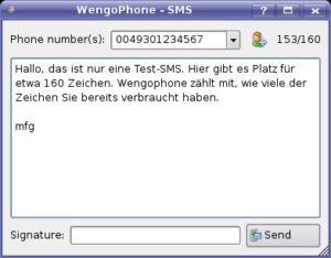 Abbildung 3: Eine SMS senden Sie ebenso über Wengophone. Die darf 160 Zeichen lang sein, als Nummer geben Sie wieder die Landesvorwahl ein, dann die Netzvorwahl, aber ohne die führende "0".