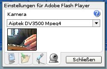 Abbildung 3: Erkennt Linux Ihre Kamera, führt der Flashplayer sie in einem Dropdown-Menü. Ein Klick auf das Kamerasymbol zeigt auch das Bild.