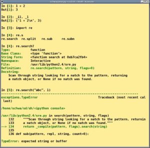 Abbildung 3: Der verbesserte Interpreter IPython erlaubt den Abruf alter Ein- und Ausgaben, das Vervollständingen per Tab sowie Docstring- und Traceback-Anzeige.
