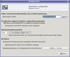 Abbildung 3: In den allgemeinen Einstellungen teilen Sie Gdesklets mit, welcher Editor den Quellcode der Desklets anzeigen soll und welche Bildschirmauflösung Ihr Monitor verwendet.