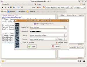 Abbildung 3: Der Login-Dialog und das Hauptfenster von Gyache Improved unter Ubuntu Feisty.