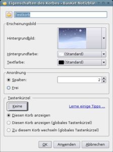 Abbildung 3: Der Eigenschaftsdialog eines Korbes. Besonders praktisch fanden wir die Hotkey-Funktion.
