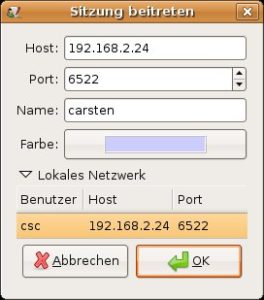 Abbildung 3: Dank Zeroconf erkennt Gobby angebotene Sitzungen im lokalen Netz automatisch; der Beitritt erfolgt dann per Mausklick.
