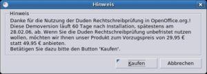 Abbildung 3: Statt Konfigurationsdialog öffnet sich ein veraltetes Hinweisfenster beim Korrektor.
