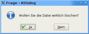 Abbildung 3: KDialog erstellt im Handumdrehen einen Ja/Nein-Dialog, meckert aber, wenn Sie dem Kommando keinen Text mit auf den Weg geben.