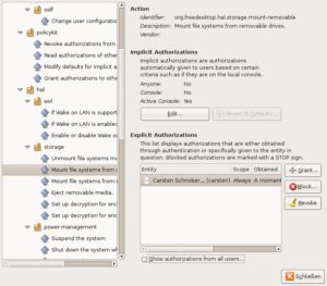 Abbildung 3: Gnomes PolicyKit erlaubt eine fein abgestufte Rechtevergabe für einzelne Aufgaben und Benutzer.