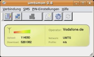 Abbildung 3: Das Hauptfenster von Umtsmon zeigt die Signalstärke, den Provider, den Modus und die Datenvolumen an.