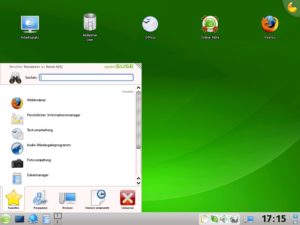 Abbildung 3: Auch unter KDE unterscheidet sich der Desktop vom Standard. Das OpenSuse-Menü Kickoff liefert per Suchfunktion schnellen Zugriff auf Anwendungen.
