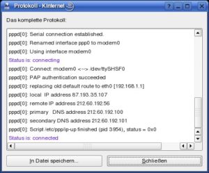 Abbildung 3: Das Protokoll von Kinternet zeigt unter Suse Linux 10.1 an, welche Schnittstelle das Modem erhält.