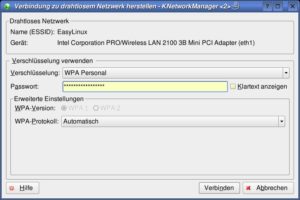Abbildung 3: Der KDE-Netzwerkmanager vereinfacht die Verbindung mit Netzwerken, die WPA-Verschlüsselung nutzen, deutlich.