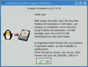 Abbildung 3: Das Installationsprogramm liefert wenig Aufschluß über den tatsächlich benötigten Platzbedarf von etwa 12 GByte der Knoppix-Installation.