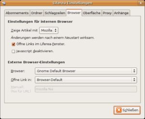 Abbildung 4: In den Einstellungen legen Sie fest, in welchem Browser Liferea die Webseite mit der Nachricht anzeigt.