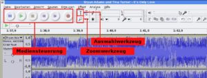 Abbildung 4: Das Audio-Editorprogramm Audacity mit einer geöffneten Musikdatei. Um diese zu schneiden, benötigen Sie nur die zwei markierten Werkzeuge.