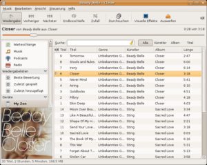 Abbildung 4: Die Gnome-Software Rhyhmbox spielt MP3s direkt vom MTP-Player ab, ein umständliches Kopieren in die eigene Sammlung ist nicht nötig.