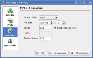 Abbildung 4: In diesem Dialog teilen Sie k9copy mit, mit welchen Parametern es das Video umwandeln soll.