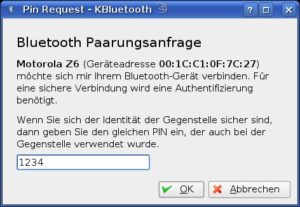 Abbildung 4: Über die PIN-Abfrage des KDE-Bluetooth-Frameworks klappt das Pairing problemlos.