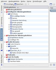 Abbildung 4: Amarok liebt Playlisten: Es gibt dynamische und intelligente Playlisten, Wiedergabelisten für Radiosender, Podcasts und Last.fm-Streams.