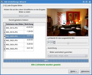 Abbildung 4: Nach dem Laden der Fotos zeigt Qtpfsgui die Vorschau und die Lichtwerte der Bilder. Fehlen die diese EXIF-Informationen, müssen Sie diese manuell nachtragen.