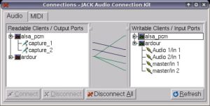 Abbildung 4: Im Connect-Fenster von QJackCtl routen Sie fast beliebig Signale zwischen Soundkarte und Audioanwendung.