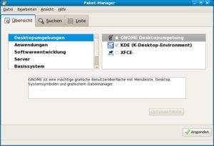 Abbildung 4: Der übersichtliche und leicht zu bedienende Paketmanager zur Softwareverwaltung erlaubt das schnelle Umrüsten auf KDE oder XFCE.