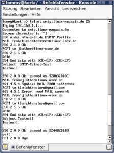 Abbildung 4: Das Versenden von E-Mails über den Telnet-Client gibt Aufschluss über die Konfiguration des Servers und hilft so, Fehler zu finden.