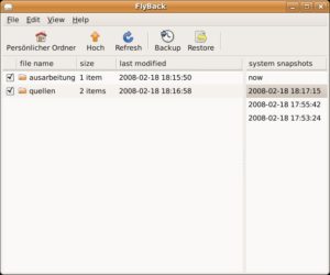 Abbildung 4: Flyback zeigt die Snapshot als Liste von Datumseinträgen im rechten Fenster an.