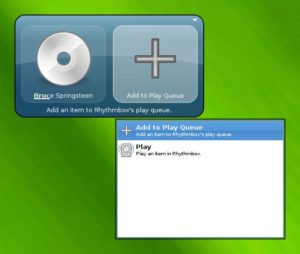 Abbildung 4: Gnome Do durchsucht die Musikdatenbank von Rhythmbox nach Künstlern und Alben und bietet passende, kontextbezogene Aktionen an.