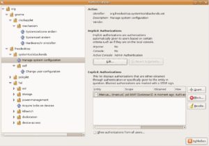 Abbildung 4: Die Konfigurationsoberfläche von Gnome erleichtert das Einstellen der Berechtigungen von Policykit erheblich, weist aber – speziell auf Programmebene – noch erhebliche Defizite auf.