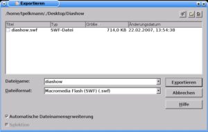 Abbildung 4: Im "Datei"-Menü finden Sie die Exportmöglichkeiten Ihrer Show, hier zum Beispiel das Exportformat "Macromedia Flash (swf).