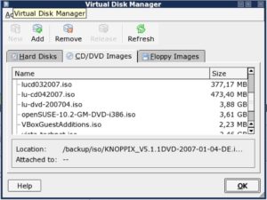 Abbildung 4: Über den Disk Manager von VirtualBox verwalten Sie neben den Festplatten auch CD- und Floppy-Images aller virtuellen Systeme.