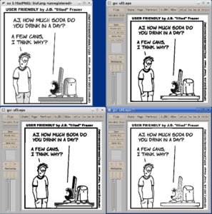 Abbildung 4: Links oben das vergrößerte Originalbild, rechts oben das Ergebnis ohne Schwellwertkorrektur, unten eine schwärzere (links, "-t 0.5") und eine weniger schwarze (rechts, "-t 0.25") Version. (Quelle: "userfriendly.org", Cartoon vom 1.6.2007)