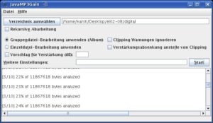 Abbildung 5: Die Anwendung javamp3gain nutzt im Hintergrund das Konsolentool "mp3gain", um die Lautstärke von Audiodateien aufeinander abzustimmen.