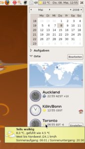 Abbildung 5: Internationaler Zeitmesser und Wetterfrosch in einem: Die Uhr neuer Gnome-Versionen zeigt die Weltzeit und das Wetter.
