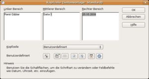 Abbildung 5: In Calc stehen Ihnen dreigeteilte Kopf- und Fußzeilen zur Verfügung, die Sie frei mit Inhalten oder mit ausgewählten Feldern bestücken können.