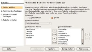 Abbildung 5: Übernehmen Sie mit dem nach rechts zeigenden Pfeil einige der vorgegebenen Felder in Ihre Tabelle.