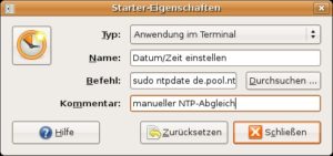 Abbildung 5: Der Anwendungsstarter für "ntpdate" muss vom Typ "Anwendung im Terminal" sein, damit Sie beim Aufruf das Passwort eingeben können.