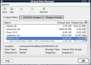 Abbildung 5: Der Virtual Disk Manager erlaubt das Verwalten aller in Virtualbox verwendeten Images über eine zentrale Oberfläche.