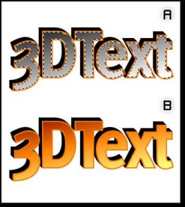 Abbildung 5: (A) Auswahl des Bereichs für den Verlauf, (B) fertiger 3D-Text mit schönen Details.