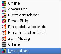 Abbildung 5: Über den Button links neben dem schwarzen Dreieck im Hauptfenster von SIM verändern Sie Ihren Online-Status, machen sich sogar unsichtbar.